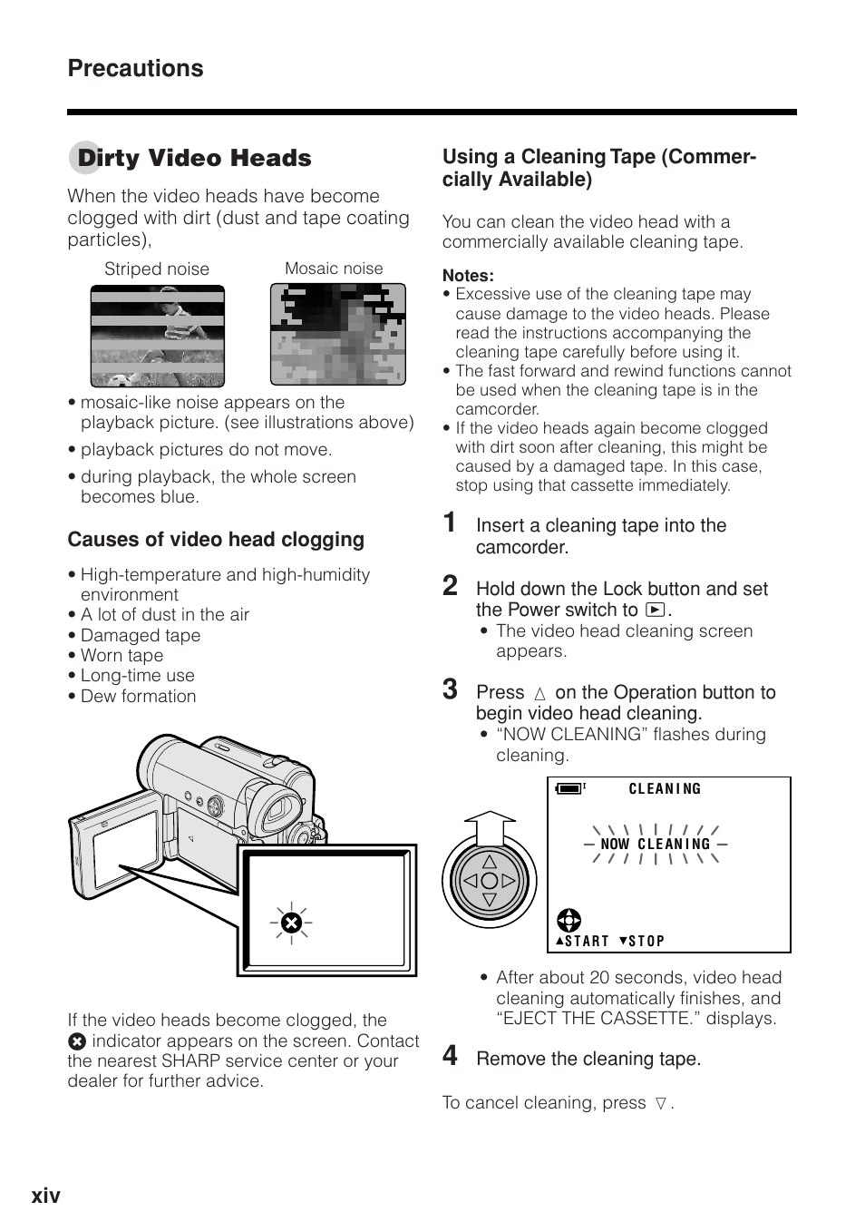 Dirty video heads, Precautions | Sharp VL-Z1U User Manual | Page 14 / 103