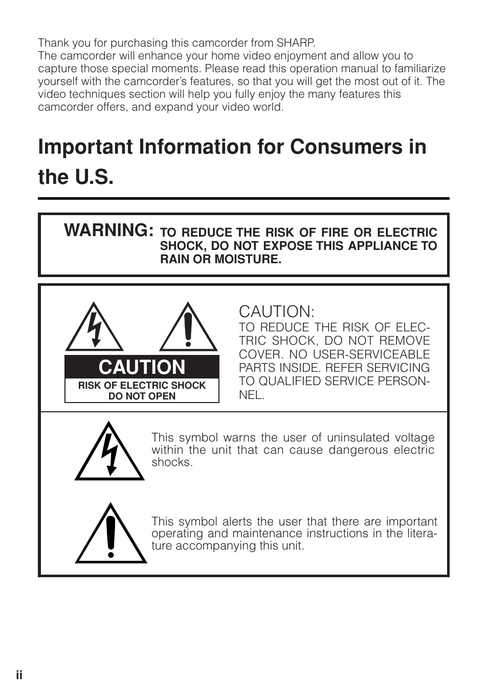 Important information for consumers in the u.s, Caution, Warning | Sharp VL-Z1U User Manual | Page 2 / 103
