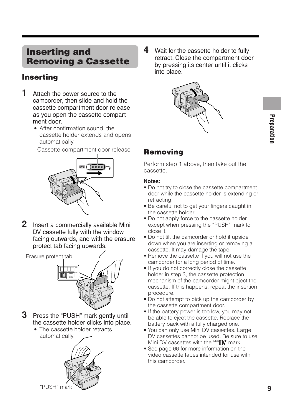 Inserting and removing a cassette, Inserting, Removing | Sharp VL-Z1U User Manual | Page 23 / 103