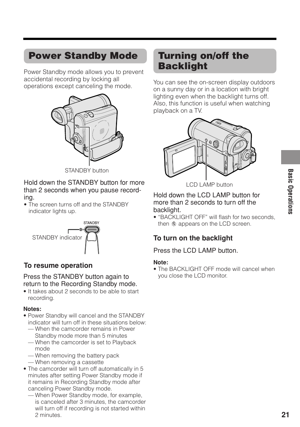 Power standby mode, Turning on/off the backlight | Sharp VL-Z1U User Manual | Page 35 / 103