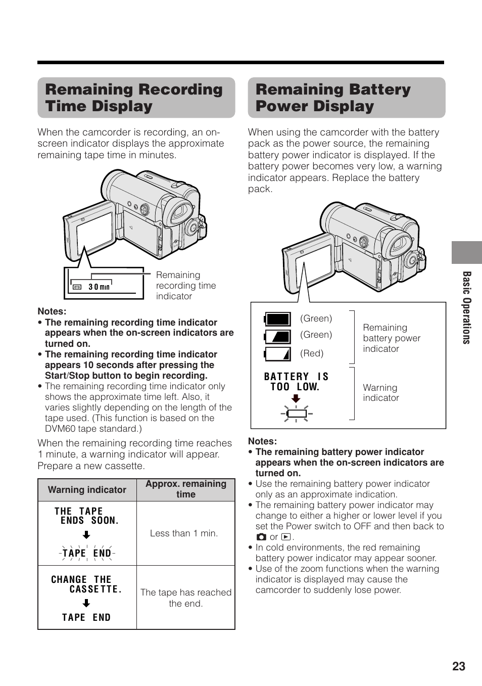 Remaining recording time display, Remaining battery power display | Sharp VL-Z1U User Manual | Page 37 / 103