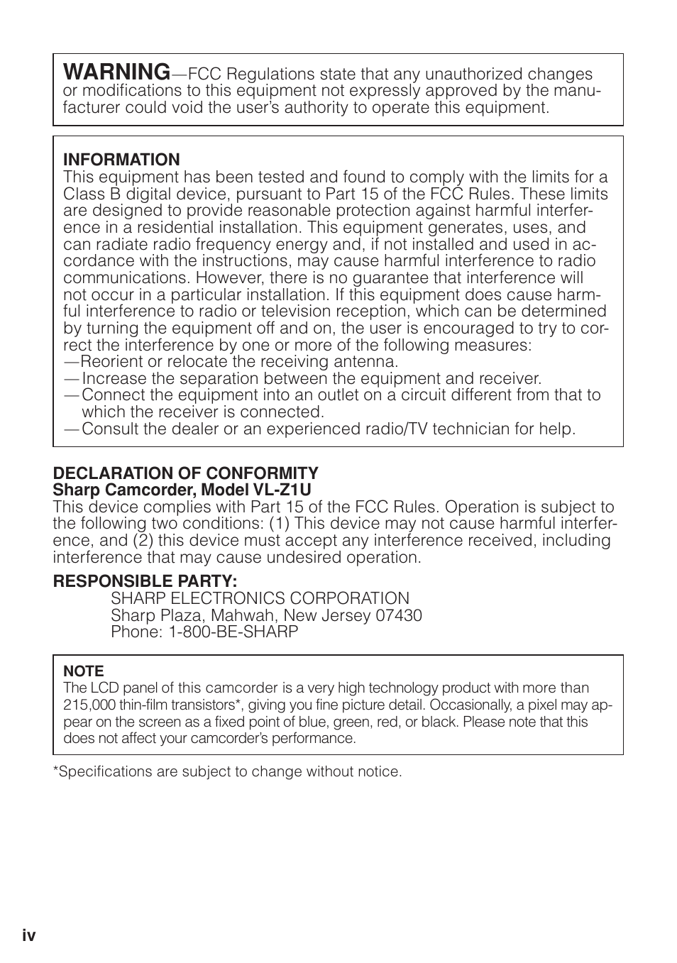 Warning | Sharp VL-Z1U User Manual | Page 4 / 103