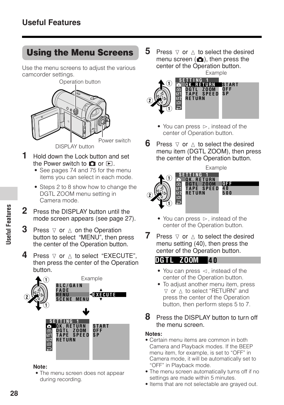 Using the menu screens, Useful features, 04 dg t l zoom | Sharp VL-Z1U User Manual | Page 42 / 103