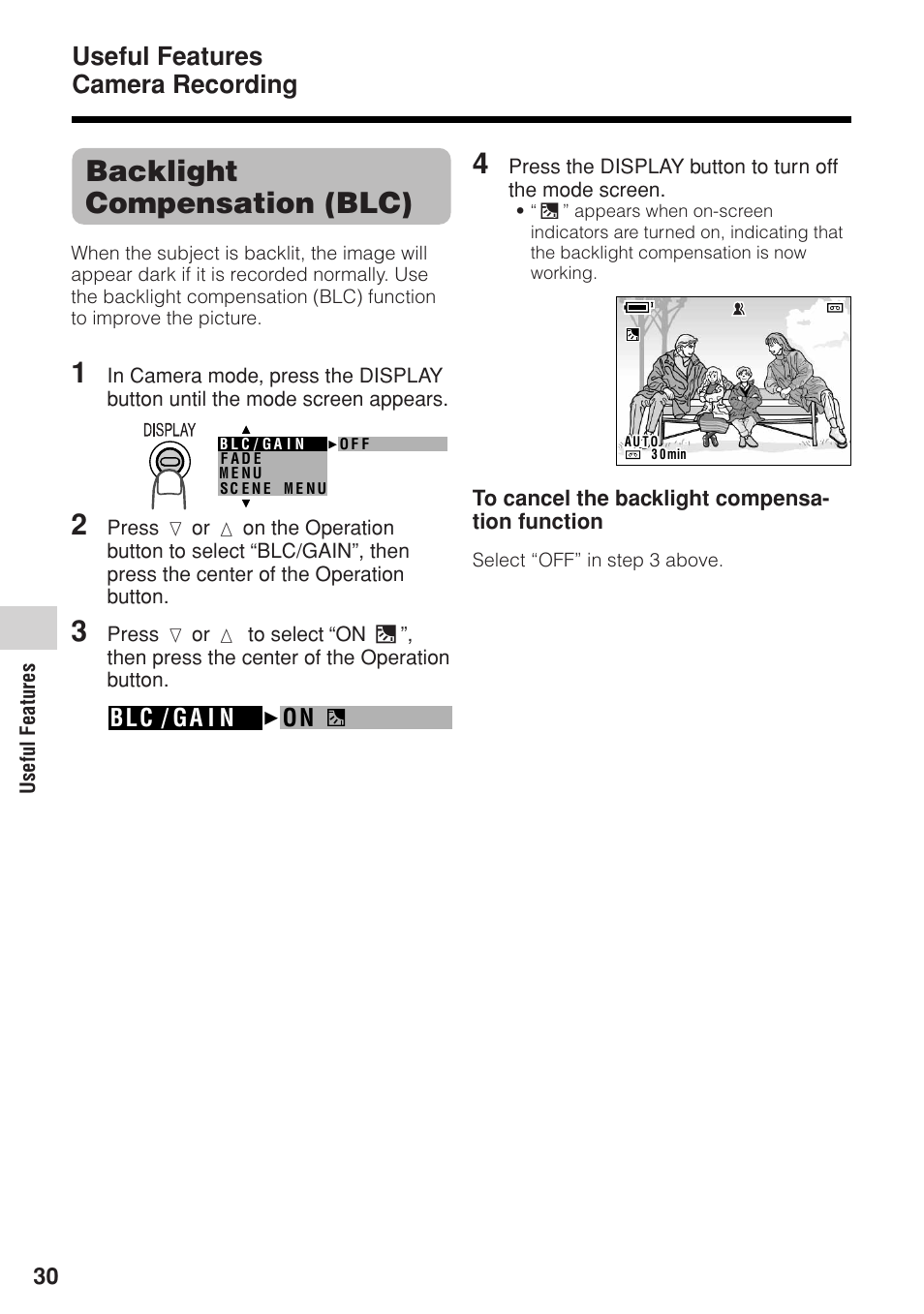Backlight compensation (blc), Useful features camera recording, Blc / ga i n on | Sharp VL-Z1U User Manual | Page 44 / 103