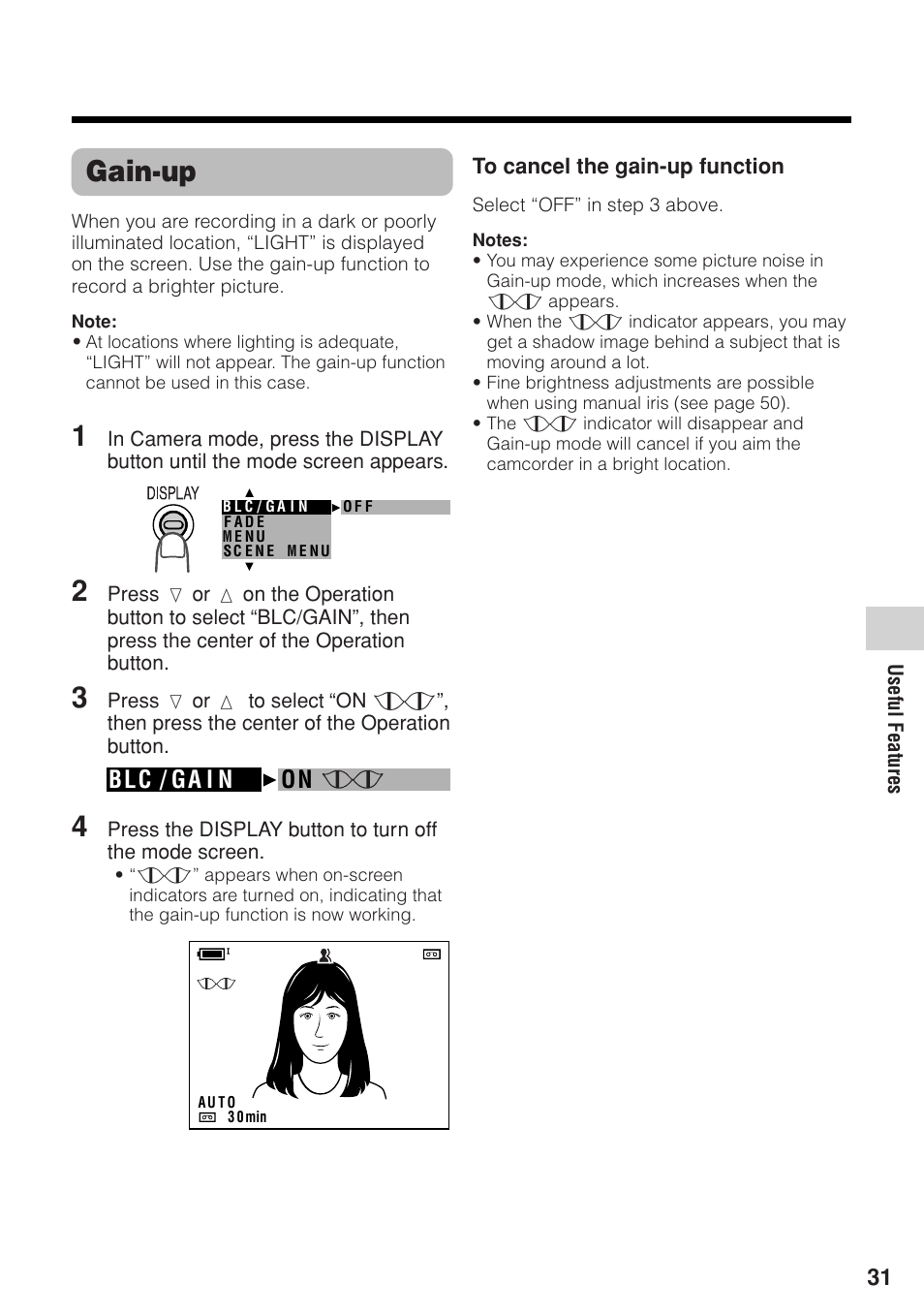 Gain-up, Blc / ga i n on | Sharp VL-Z1U User Manual | Page 45 / 103