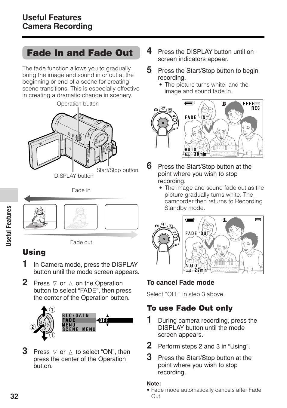 Fade in and fade out, Useful features camera recording, Using | Sharp VL-Z1U User Manual | Page 46 / 103