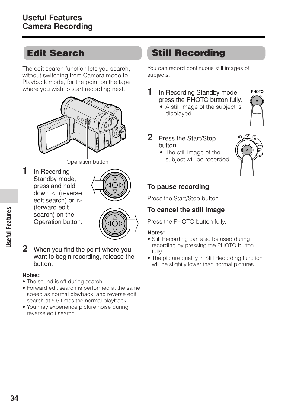 Still recording, Edit search, Useful features camera recording | Sharp VL-Z1U User Manual | Page 48 / 103