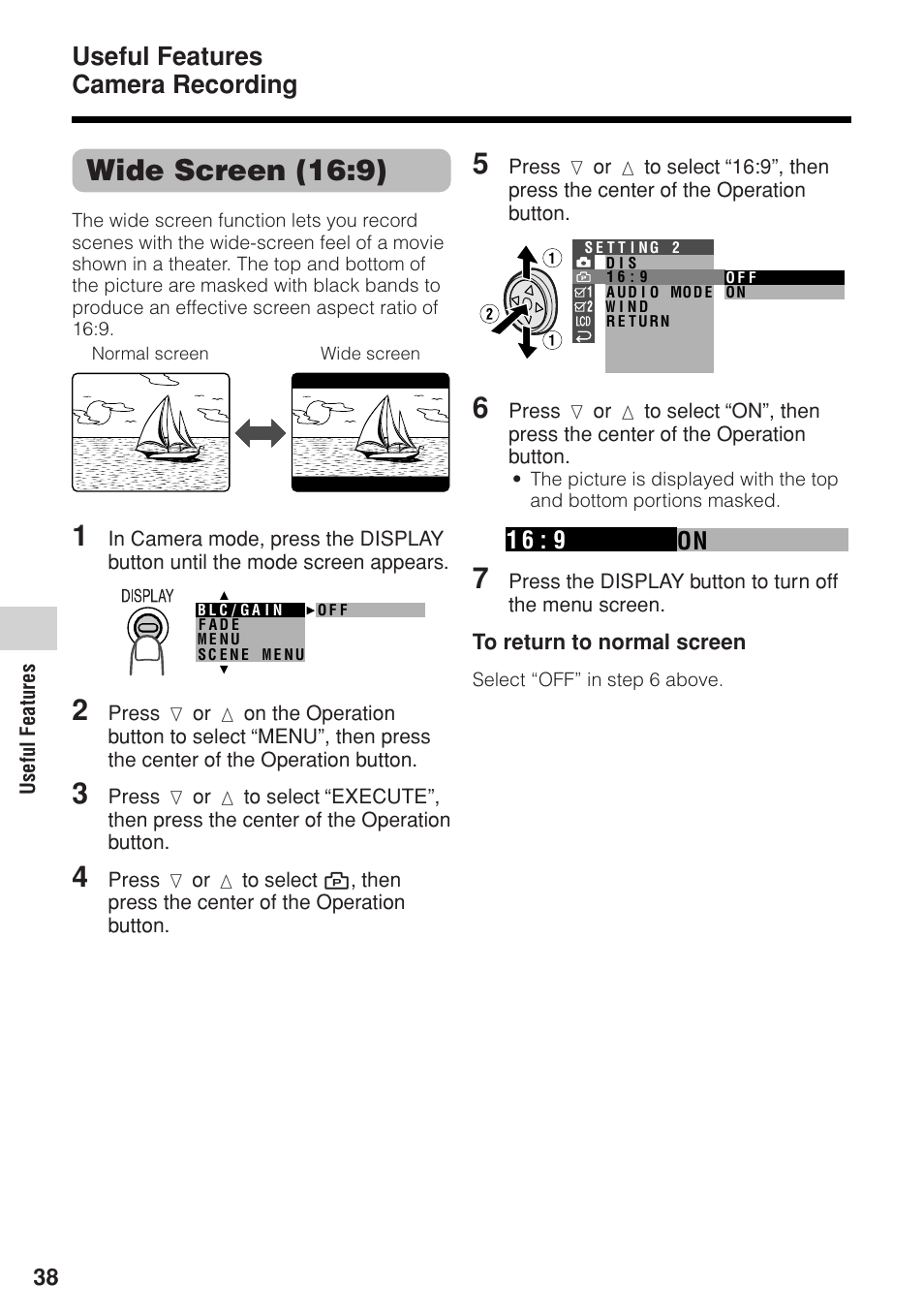 Wide screen (16:9), Useful features camera recording, On 1 6 9 | Sharp VL-Z1U User Manual | Page 52 / 103