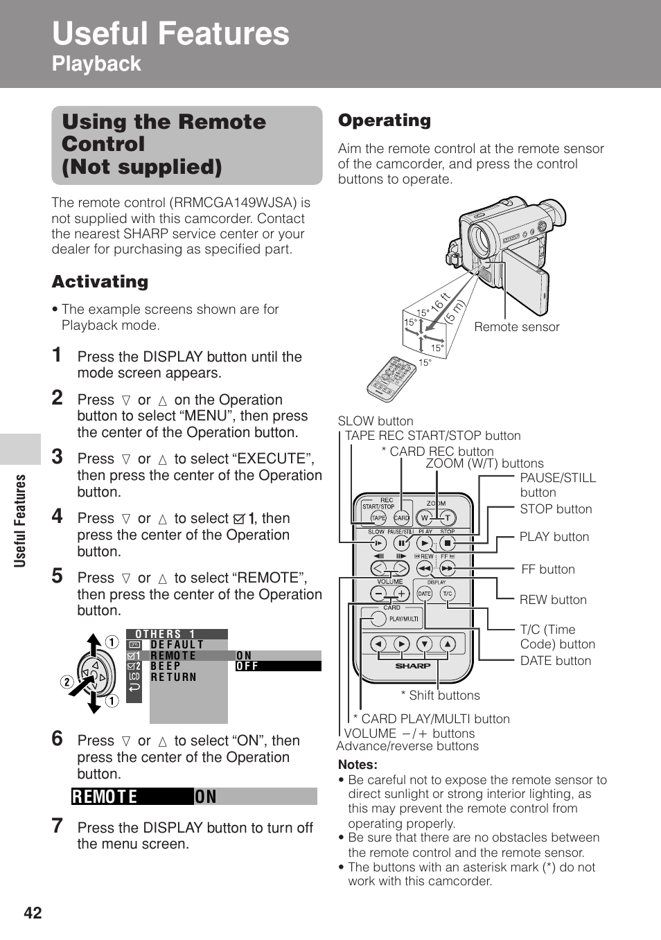 Useful features, Using the remote control (not supplied), Playback | Useful features playback, Remo t e on | Sharp VL-Z1U User Manual | Page 56 / 103