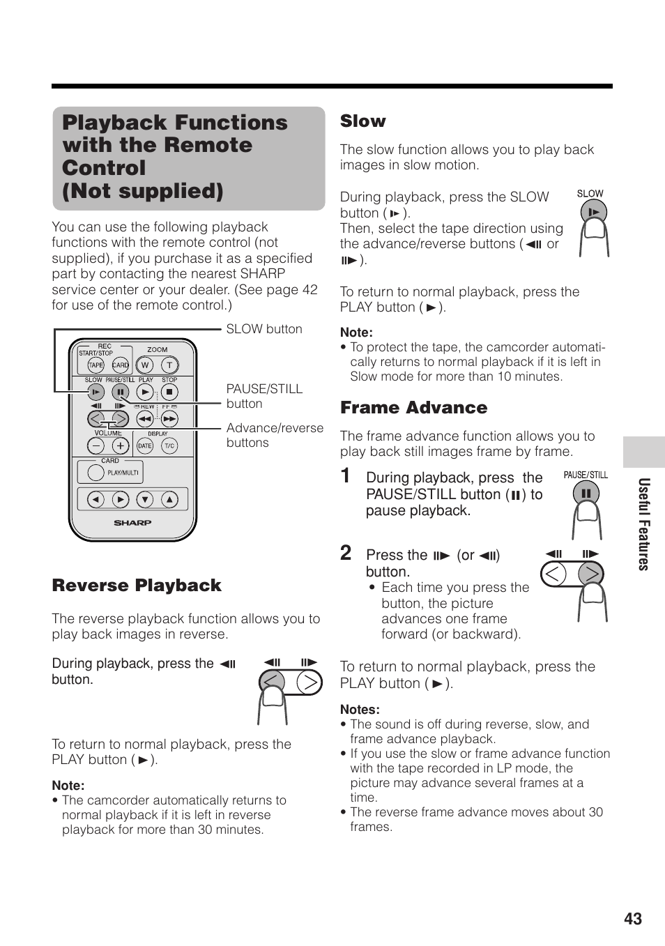 Reverse playback, Slow, Frame advance | Sharp VL-Z1U User Manual | Page 57 / 103