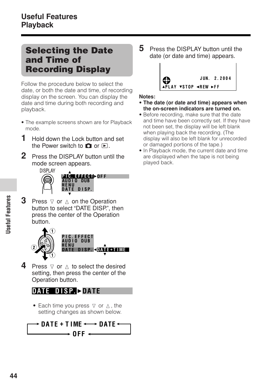 Selecting the date and time of recording display, Useful features playback | Sharp VL-Z1U User Manual | Page 58 / 103