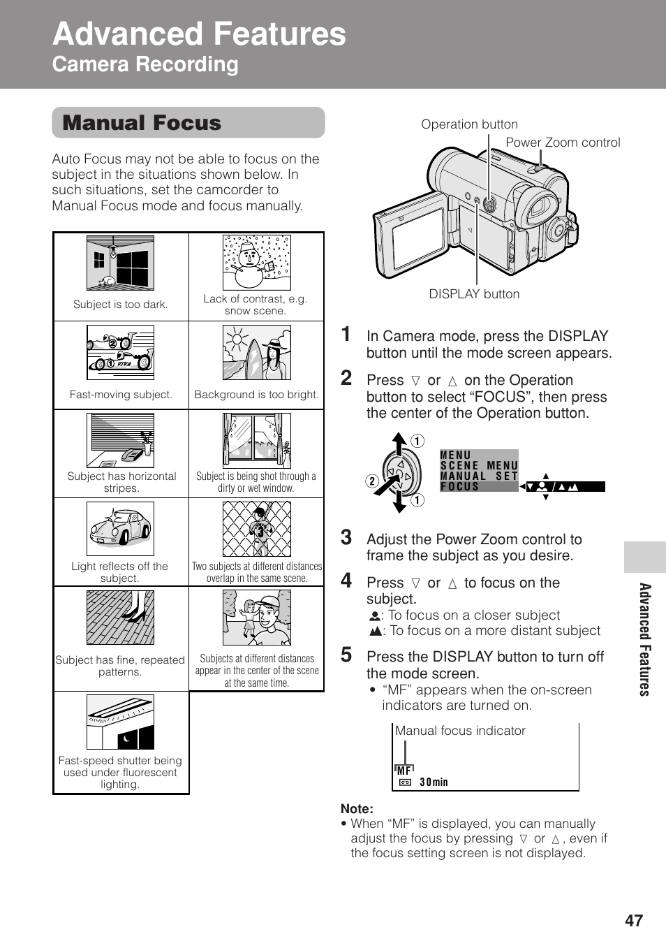Advanced features, Manual focus, Camera recording 1 | Sharp VL-Z1U User Manual | Page 61 / 103