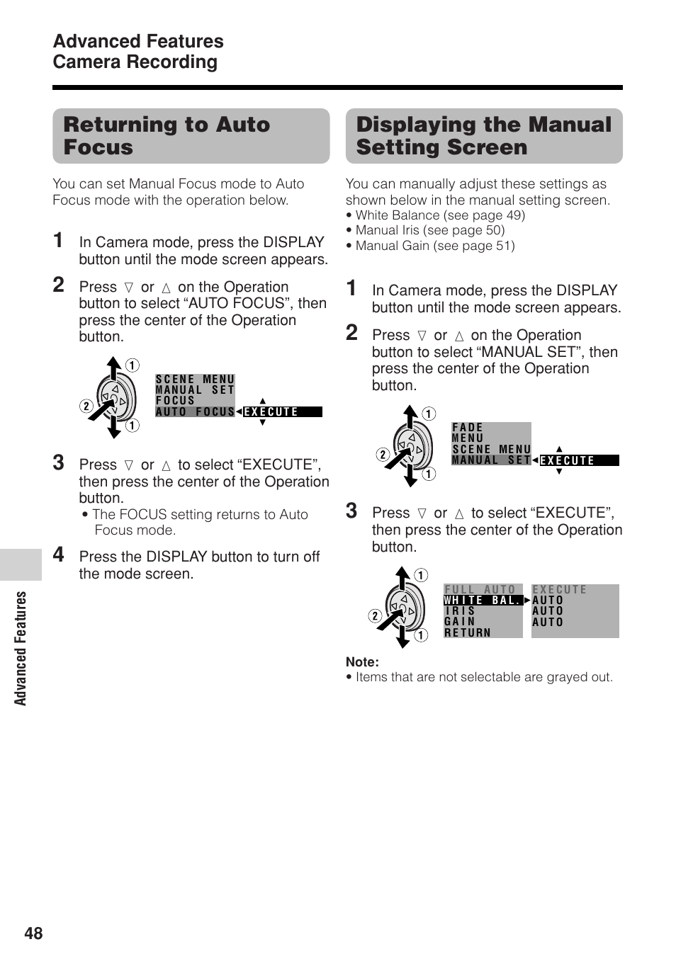 Displaying the manual setting screen, Returning to auto focus, Advanced features camera recording | Sharp VL-Z1U User Manual | Page 62 / 103