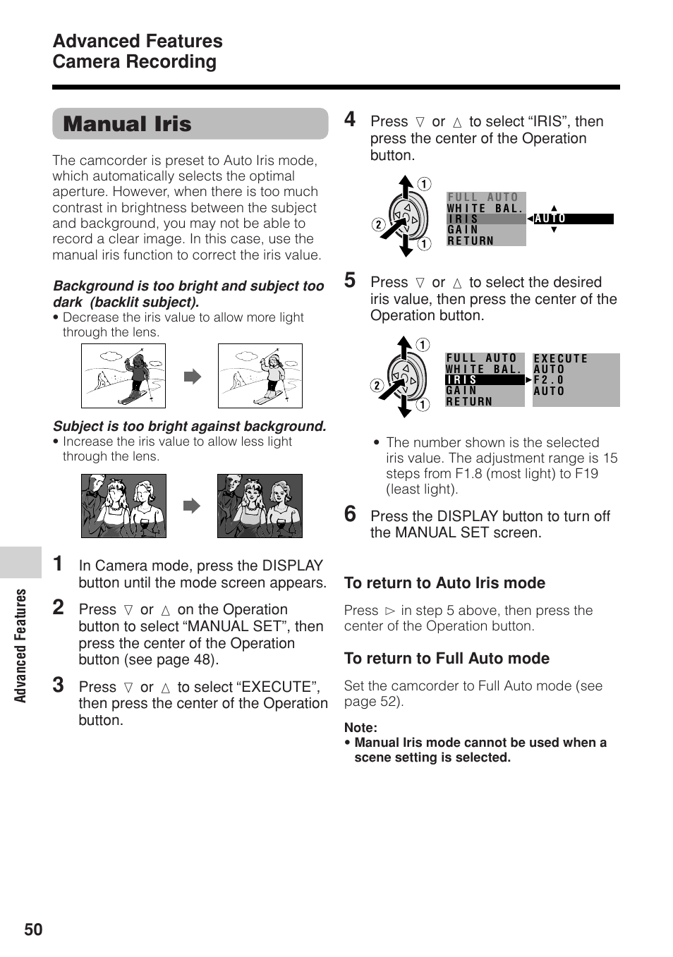 Manual iris, Advanced features camera recording | Sharp VL-Z1U User Manual | Page 64 / 103