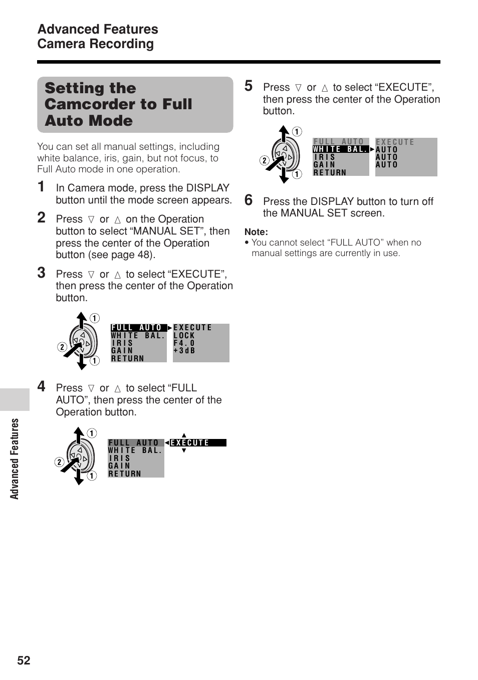Setting the camcorder to full auto mode, Advanced features camera recording | Sharp VL-Z1U User Manual | Page 66 / 103