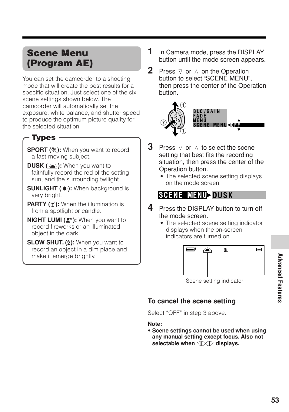 Scene menu (program ae), Du s k sc e ne menu, Types | Sharp VL-Z1U User Manual | Page 67 / 103