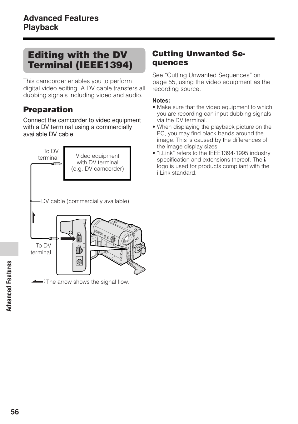 Editing with the dv terminal (ieee1394), Advanced features playback, Preparation | Cutting unwanted se- quences | Sharp VL-Z1U User Manual | Page 70 / 103