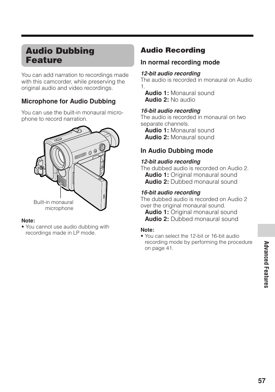 Audio dubbing feature, Audio recording | Sharp VL-Z1U User Manual | Page 71 / 103
