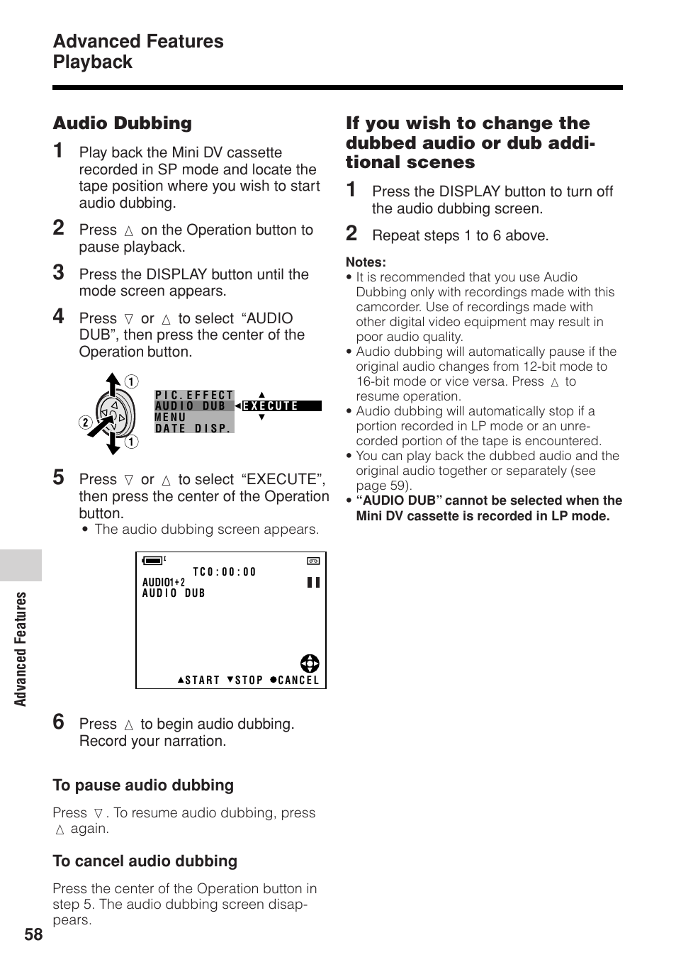 Advanced features playback, Audio dubbing | Sharp VL-Z1U User Manual | Page 72 / 103