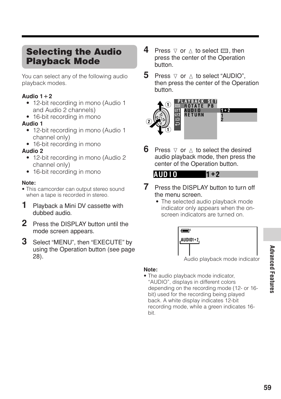 Selecting the audio playback mode, Aud i o 1 2 | Sharp VL-Z1U User Manual | Page 73 / 103