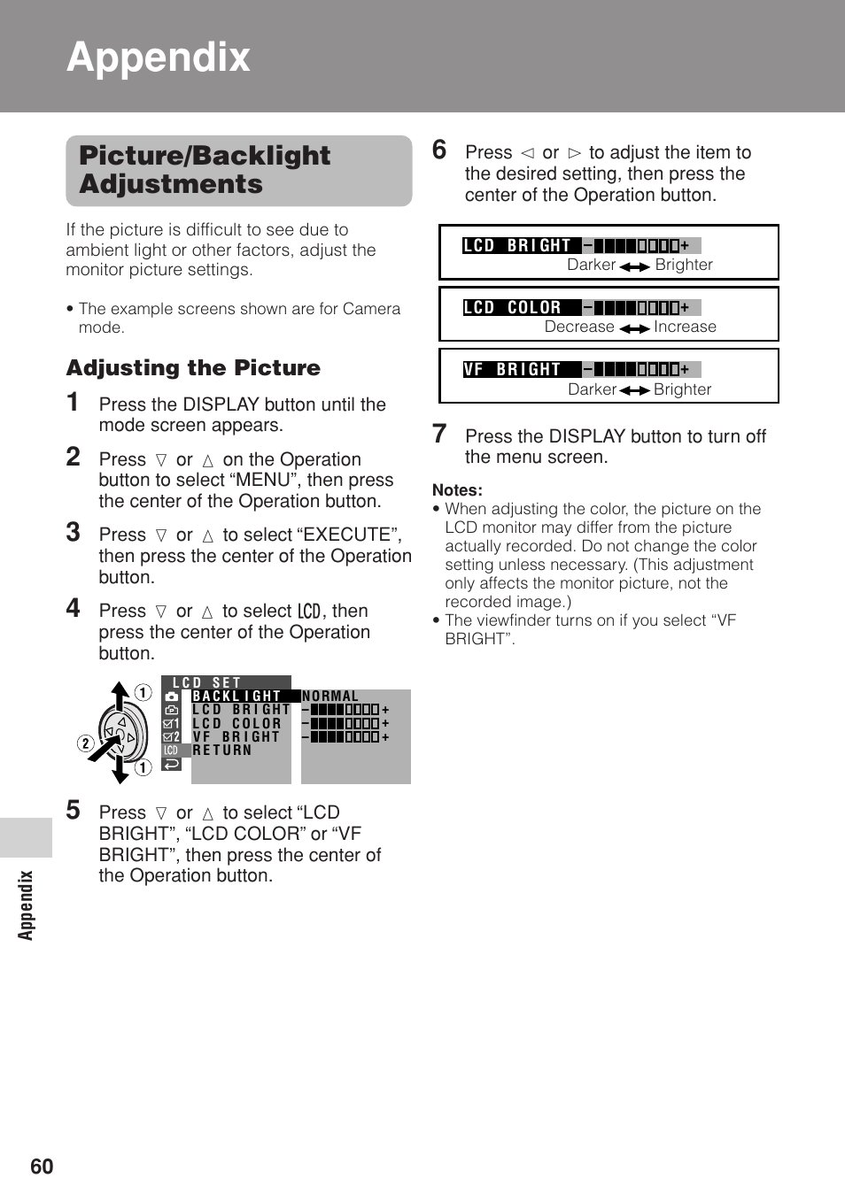 Picture/backlight adjustments, Appendix | Sharp VL-Z1U User Manual | Page 74 / 103