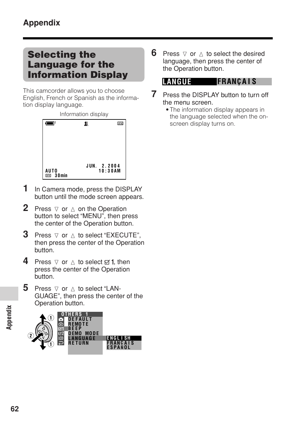 Selecting the language for the information display, Appendix, Langue fran | A i s | Sharp VL-Z1U User Manual | Page 76 / 103