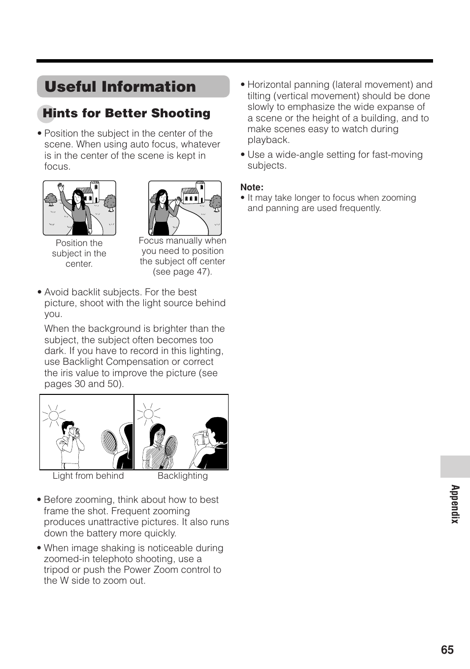 Useful information, Hints for better shooting | Sharp VL-Z1U User Manual | Page 79 / 103