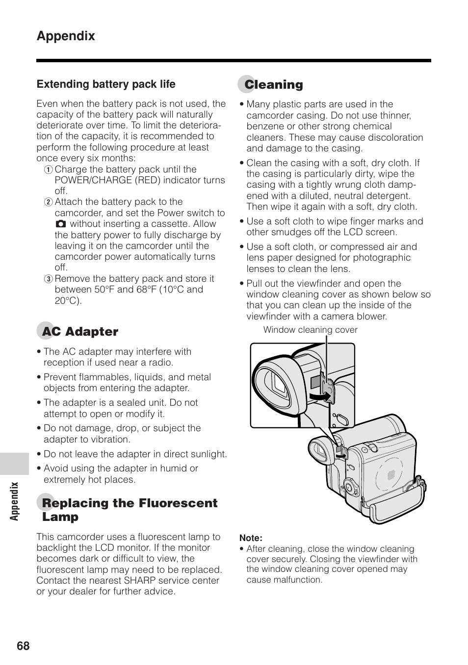 Appendix, Ac adapter, Replacing the fluorescent lamp | Cleaning | Sharp VL-Z1U User Manual | Page 82 / 103