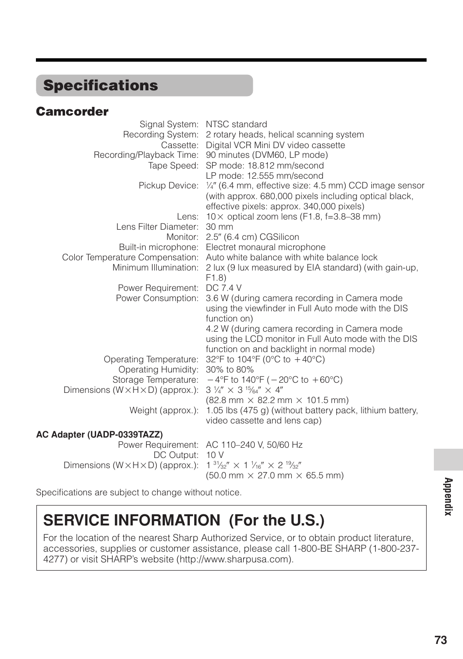 Service information (for the u.s.), Specifications, Camcorder | Appendix | Sharp VL-Z1U User Manual | Page 87 / 103