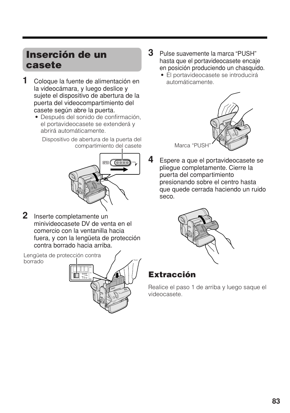 Inserción de un casete, Extracción | Sharp VL-Z1U User Manual | Page 97 / 103