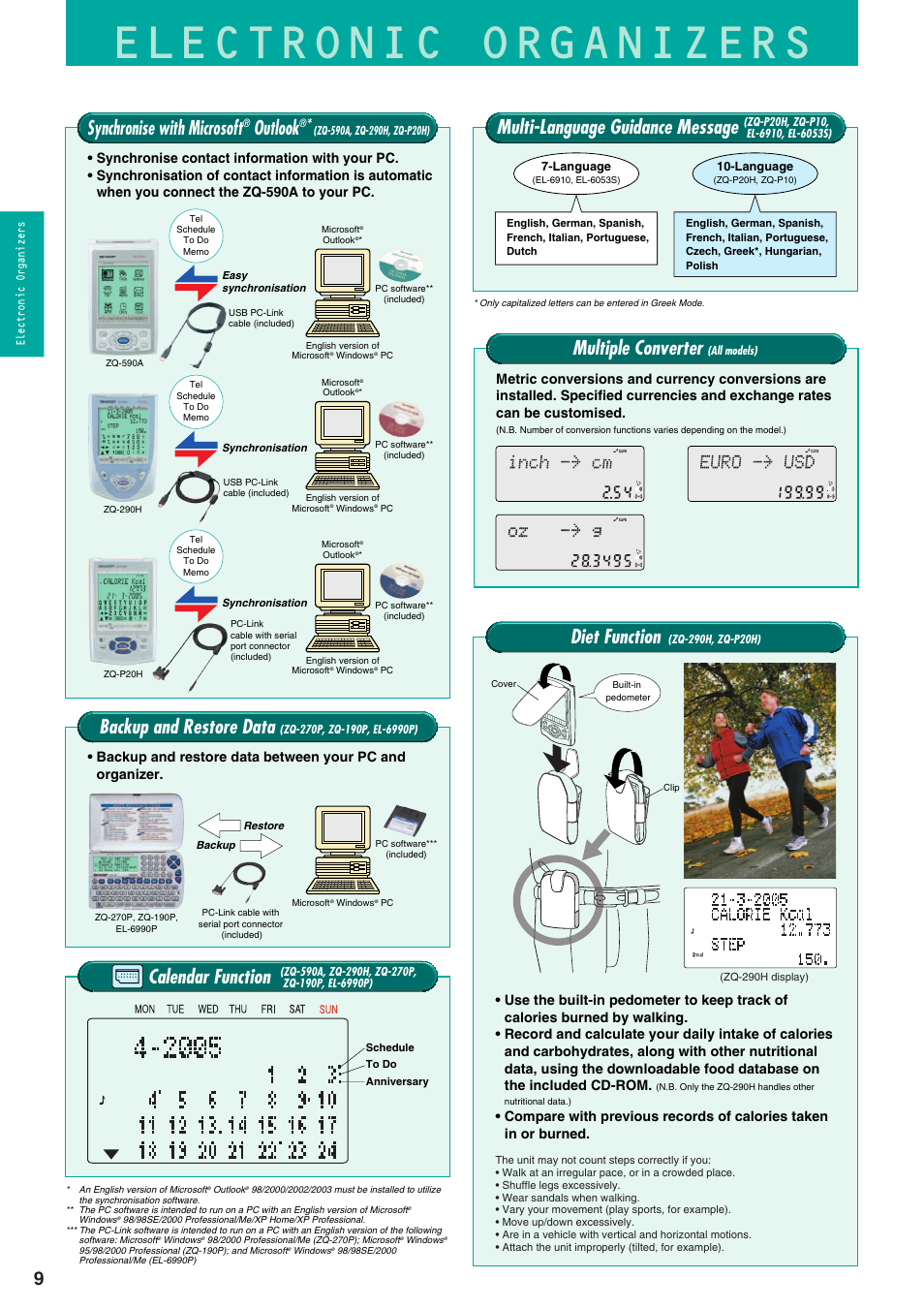 Electronic organizers, Multiple converter, Synchronise with microsoft | Outlook, Multi-language guidance message, Backup and restore data, Calendar function, Diet function | Sharp electronic calculator User Manual | Page 10 / 44