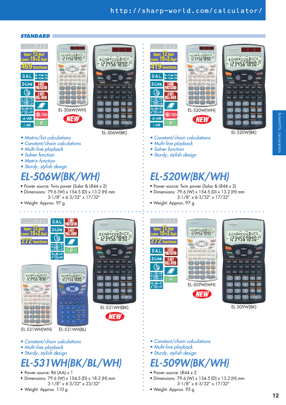 El-506w(bk/wh), El-520w(bk/wh), El-531wh(bk/bl/wh) | El-509w(bk/wh), Standard | Sharp electronic calculator User Manual | Page 13 / 44