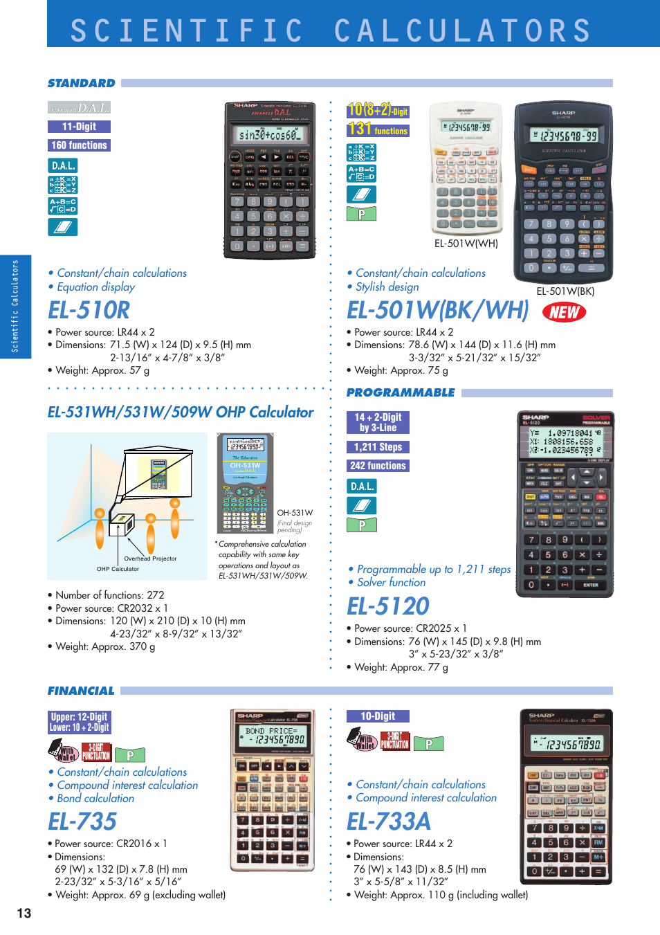 Scientific calculators, El-510r, El-5120 | El-735, El-733a, El-501w(bk/wh), Constant/chain calculations • stylish design | Sharp electronic calculator User Manual | Page 14 / 44