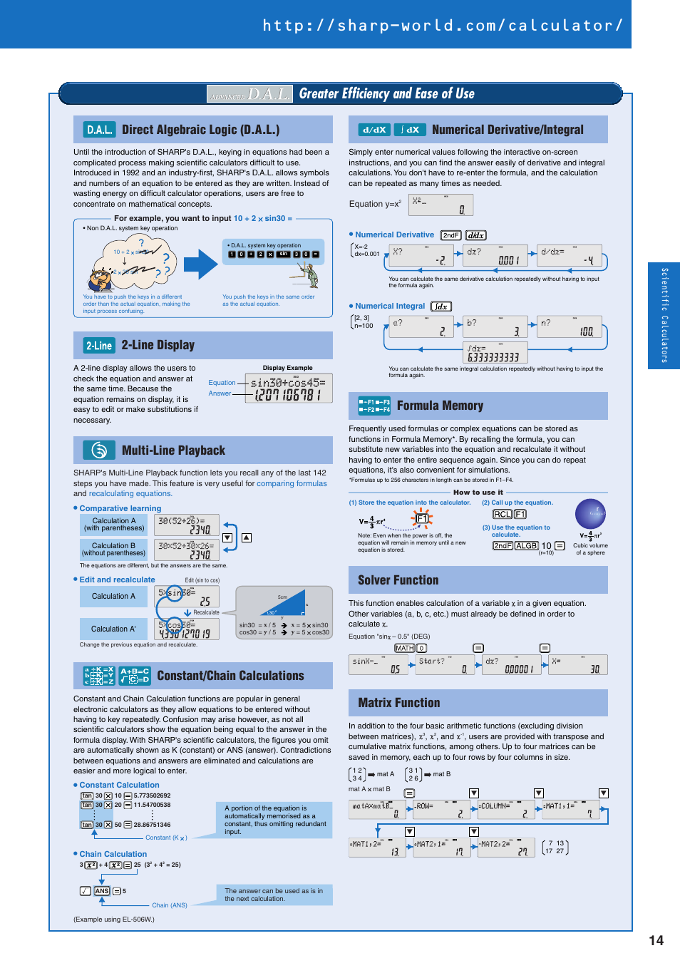 Greater efficiency and ease of use, Direct algebraic logic (d.a.l.), Line display numerical derivative/integral | Multi-line playback constant/chain calculations, Solver function matrix function | Sharp electronic calculator User Manual | Page 15 / 44