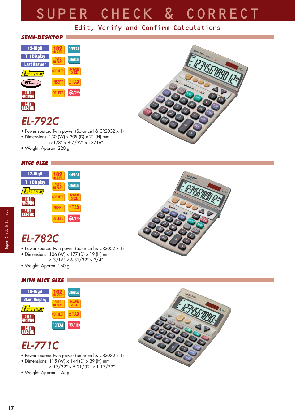 Super check & correct, El-792c, El-782c | El-771c, Edit, verify and confirm calculations | Sharp electronic calculator User Manual | Page 18 / 44