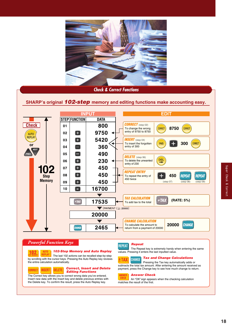 Step, Check & correct functions, Input edit check powerful function keys | Sharp electronic calculator User Manual | Page 19 / 44