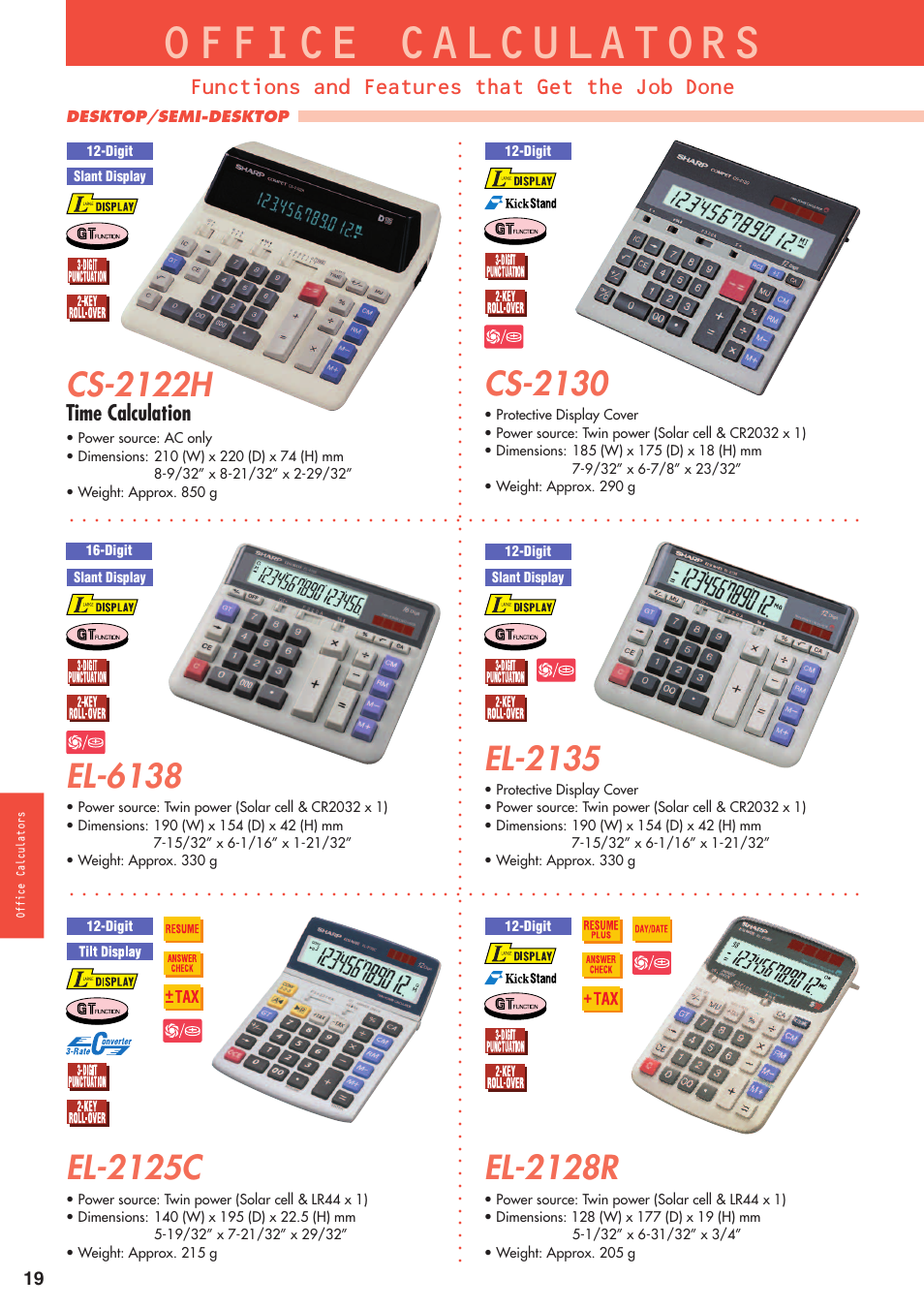 Office calculators, Cs-2122h, Cs-2130 | El-6138, El-2135, El-2125c, El-2128r, Functions and features that get the job done, Time calculation, Desktop/semi-desktop | Sharp electronic calculator User Manual | Page 20 / 44