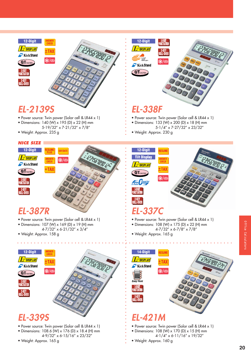 El-2139s, El-338f, El-387r | El-337c, El-339s, El-421m, Nice size, Digit, Digit 14-digit, Office calculators | Sharp electronic calculator User Manual | Page 21 / 44