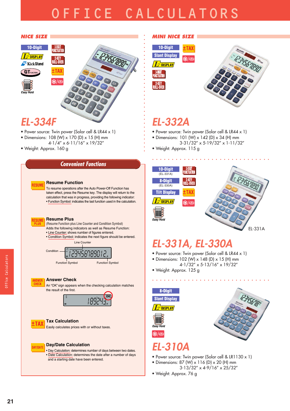 Office calculators, El-334f, El-332a | El-310a, Convenient functions, Nice size, Mini nice size, Resume function, Resume plus, Answer check | Sharp electronic calculator User Manual | Page 22 / 44