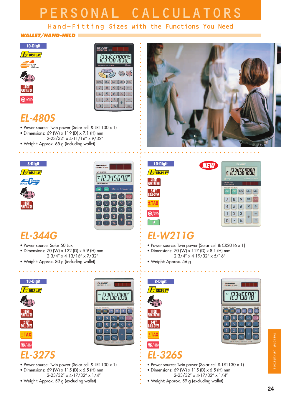 El-480s, El-344g, El-327s | El-326s, El-w211g, Hand-fitting sizes with the functions you need, Wallet/hand-held, Digit, Personal calculators | Sharp electronic calculator User Manual | Page 25 / 44