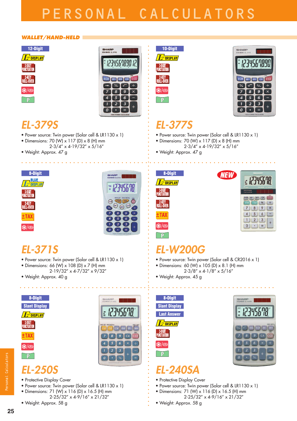 Personal calculators, El-377s, El-371s | El-250s, El-240sa, El-w200g, El-379s, Wallet/hand-held | Sharp electronic calculator User Manual | Page 26 / 44