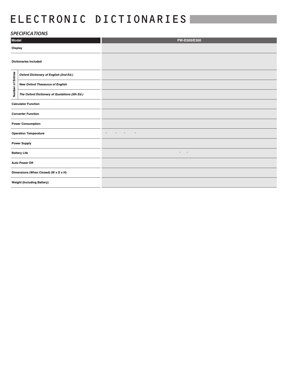 Electronic dictionaries, Specifications | Sharp electronic calculator User Manual | Page 30 / 44