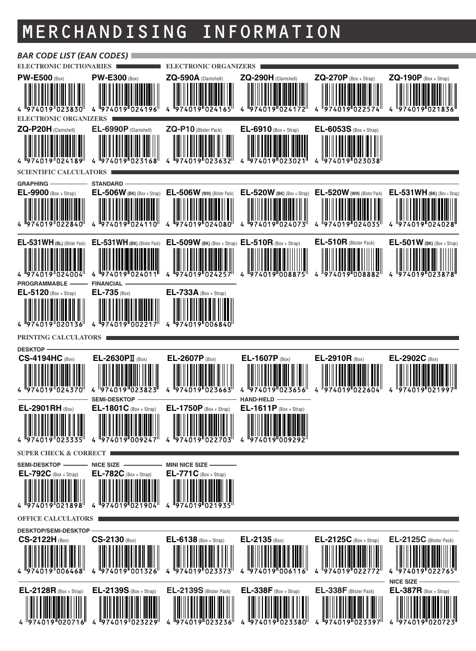 Merchandising information, Bar code list (ean codes), Pw-e500 | El-506w, El-501w, El-520w, El-531wh, El-509w, Pw-e300, Zq-p20h | Sharp electronic calculator User Manual | Page 38 / 44