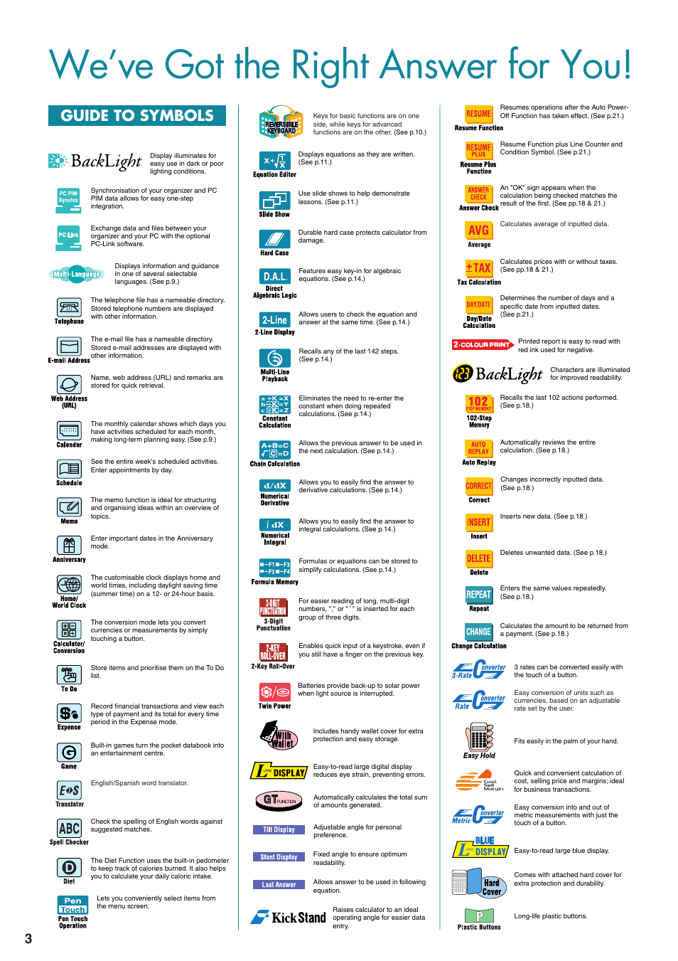 We’ve got the right answer for you, Guide to symbols | Sharp electronic calculator User Manual | Page 4 / 44