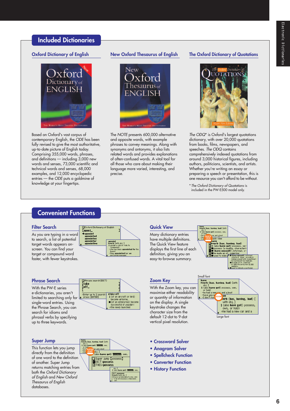 Included dictionaries, Convenient functions | Sharp electronic calculator User Manual | Page 7 / 44