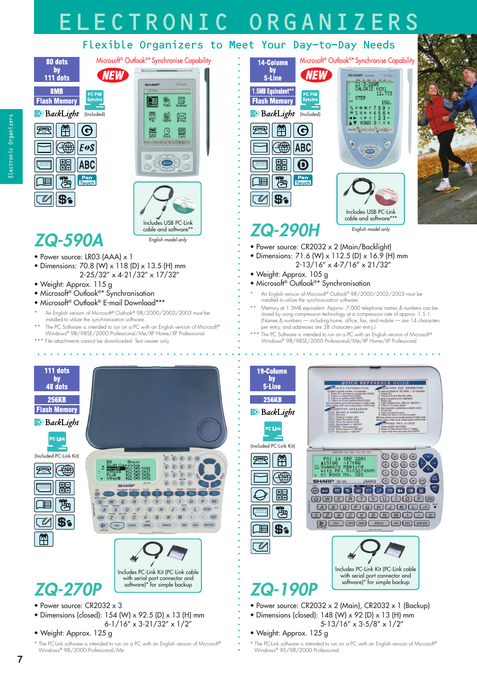 Zq-590a, Zq-290h, Zq-270p | Zq-190p, Flexible organizers to meet your day-to-day needs, Outlook, Synchronisation • microsoft, E-mail download, Microsoft, Synchronise capability | Sharp electronic calculator User Manual | Page 8 / 44