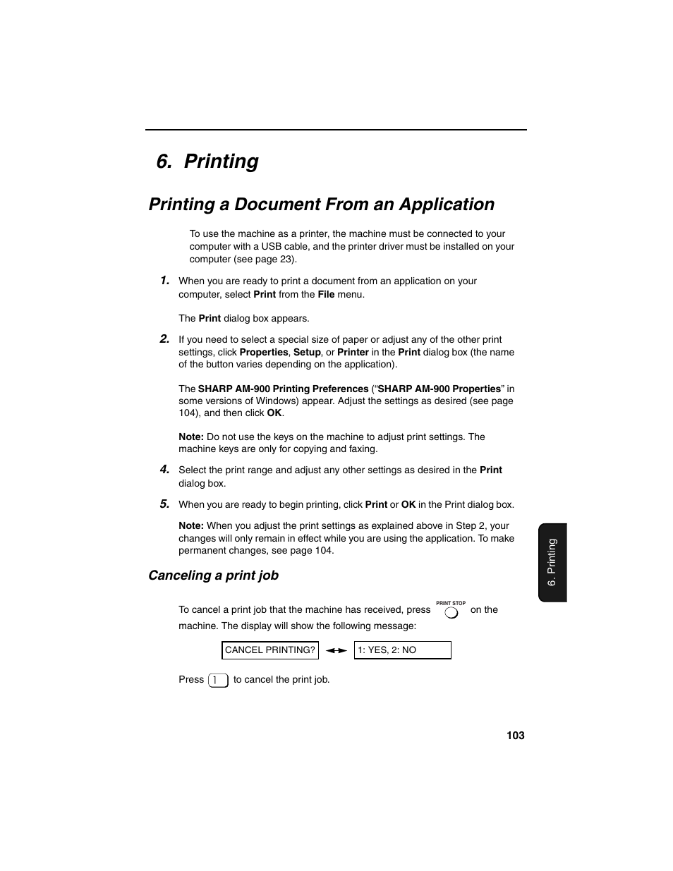Printing, Printing a document from an application | Sharp AM-900 User Manual | Page 105 / 161