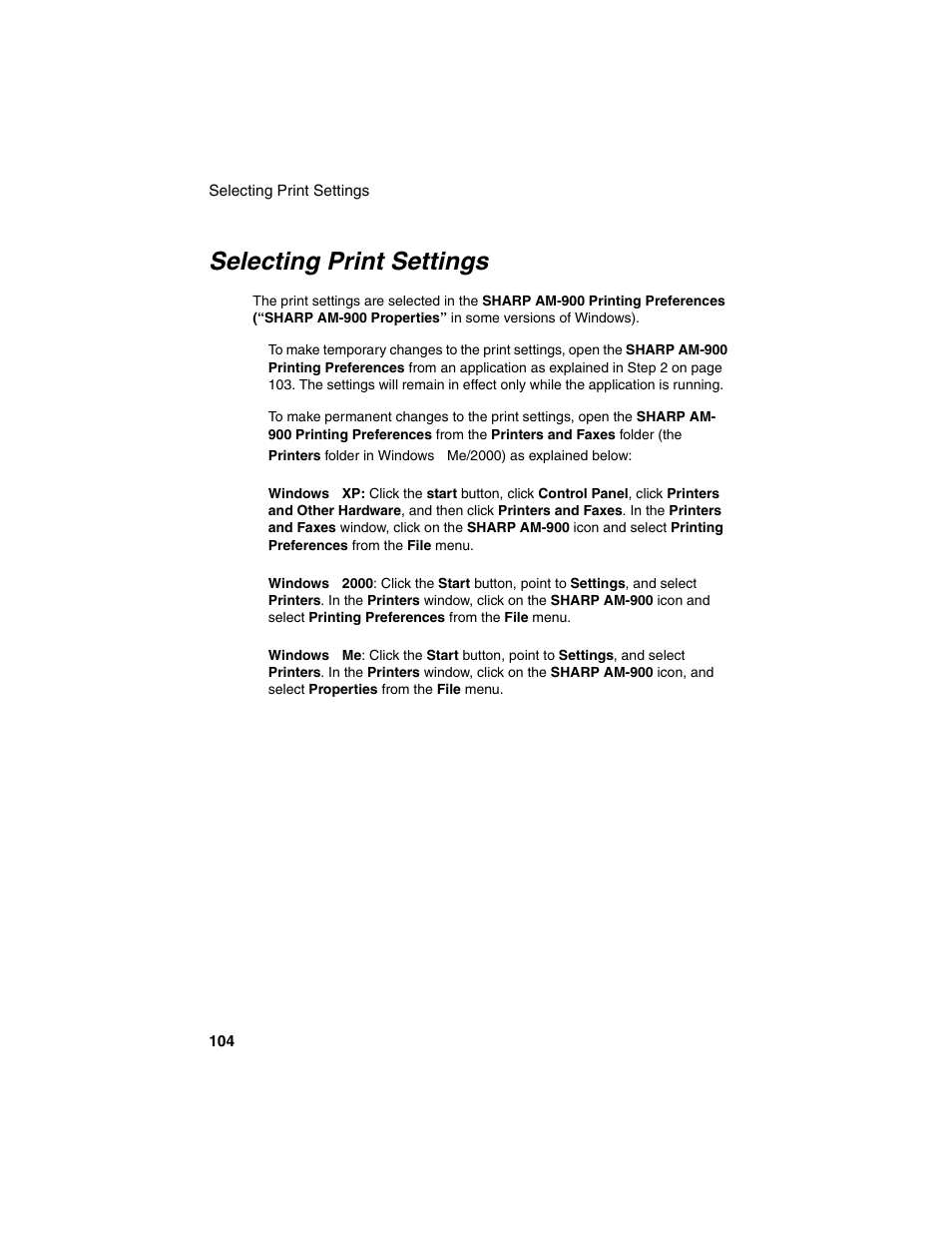 Selecting print settings | Sharp AM-900 User Manual | Page 106 / 161
