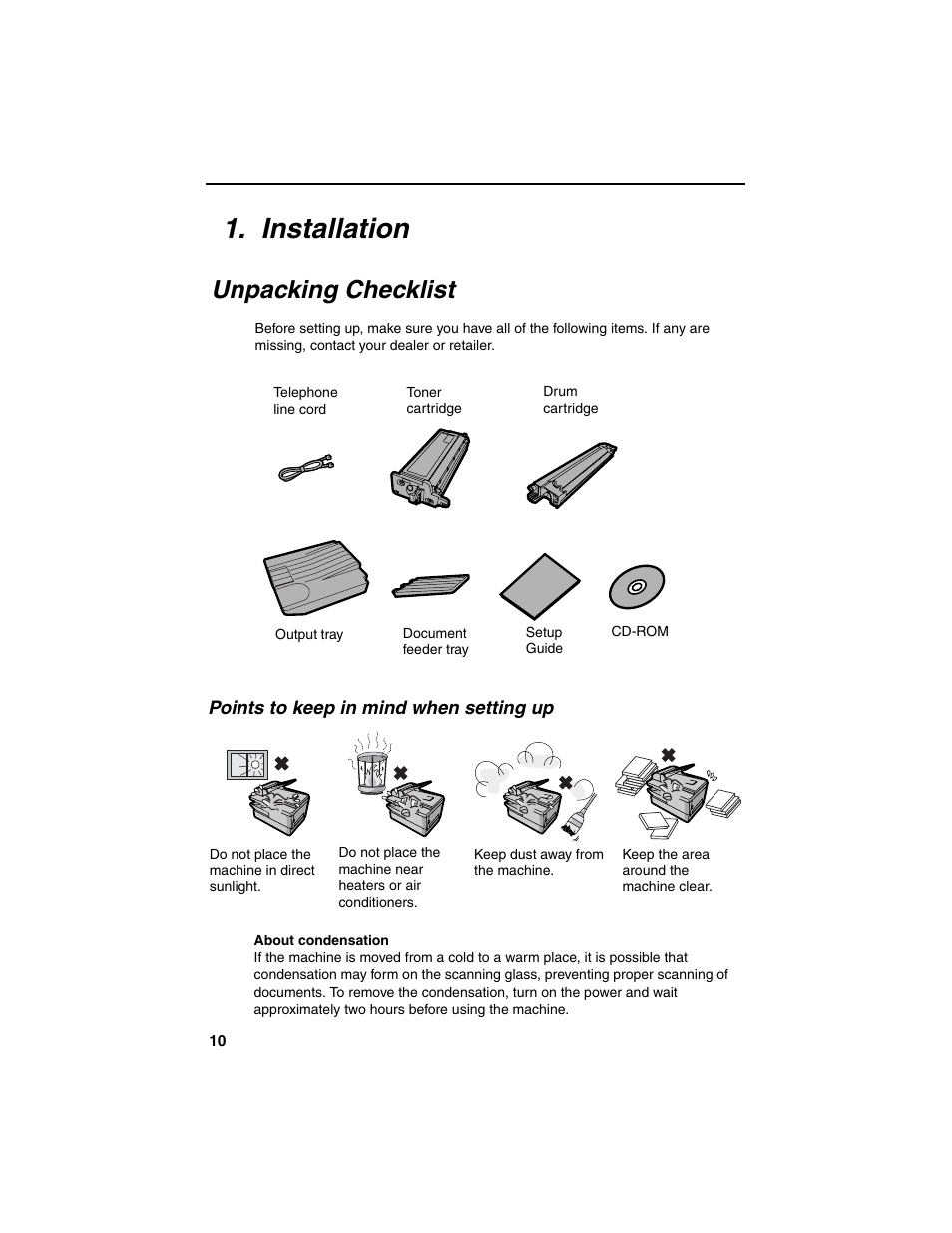 Installation, Unpacking checklist | Sharp AM-900 User Manual | Page 12 / 161