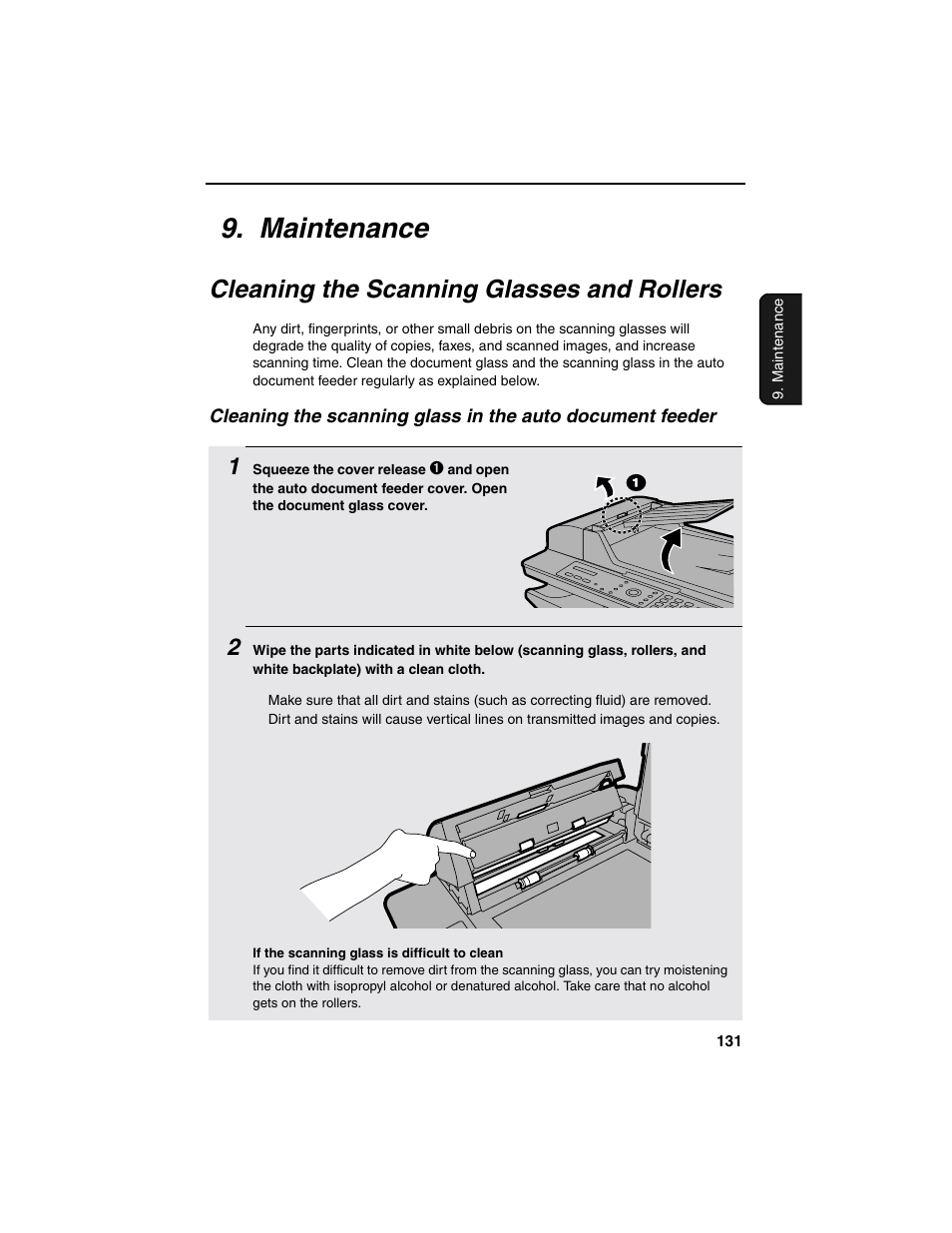 Maintenance, Cleaning the scanning glasses and rollers | Sharp AM-900 User Manual | Page 133 / 161
